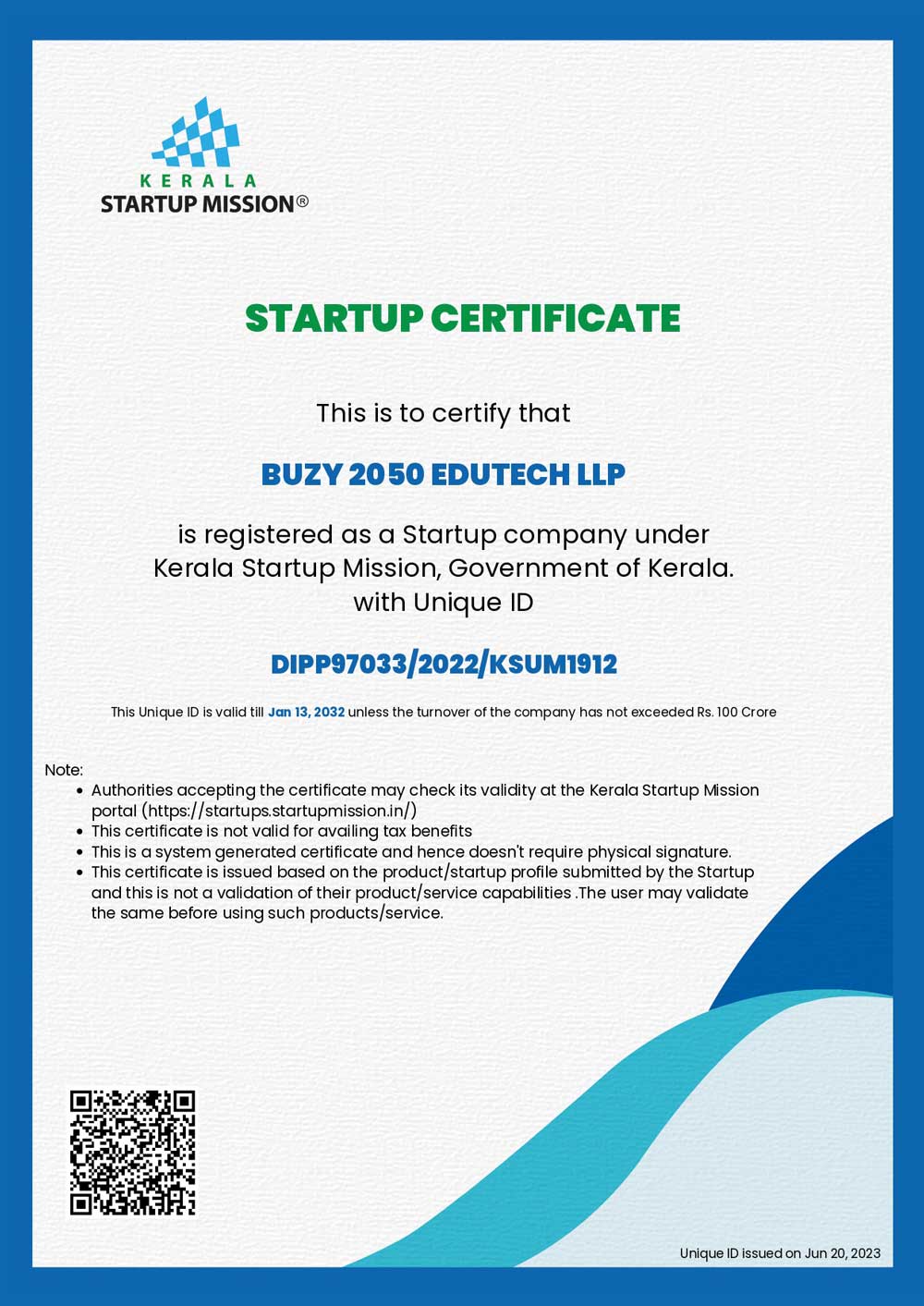 startup mission certificate - buzy2050 LLP