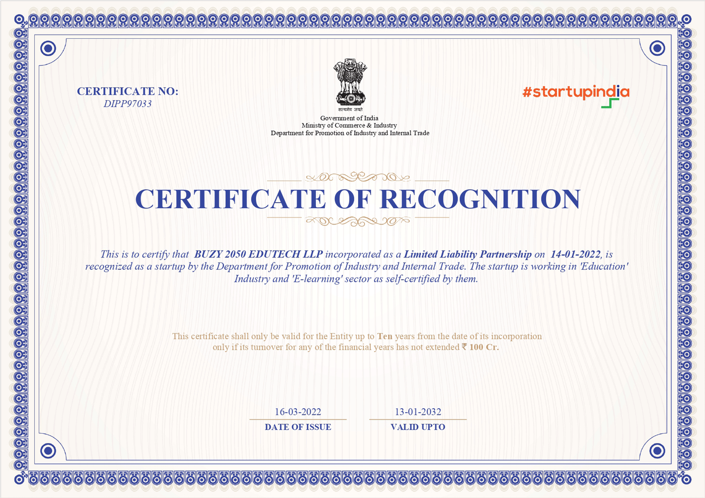 startup-india certificate - buzy2050 LLP